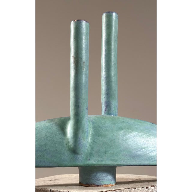 Turquoise Vintage Japanese Modernist Turquoise Double Stem Ikebana Ceramic Vessel, Signed For Sale - Image 8 of 11