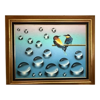 1997 Rolando Quintana “Two Birds on Branch” — Surrealist Water Droplet Painting For Sale