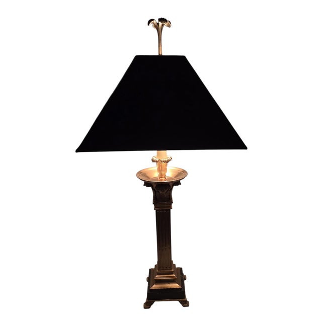 Stone 1991 Neoclassical Solid Brass & Black Marble Column Table Lamp by Chapman W/ Frederick Cooper Paisley Damask Shade - 35" For Sale - Image 7 of 17