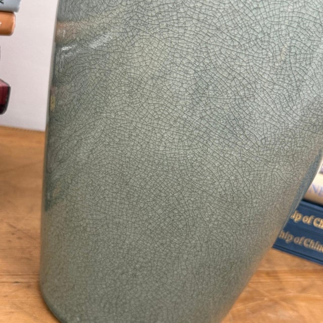 Rustic Celadon Green Vase with Rounded Body and Crackle Detail For Sale - Image 3 of 8
