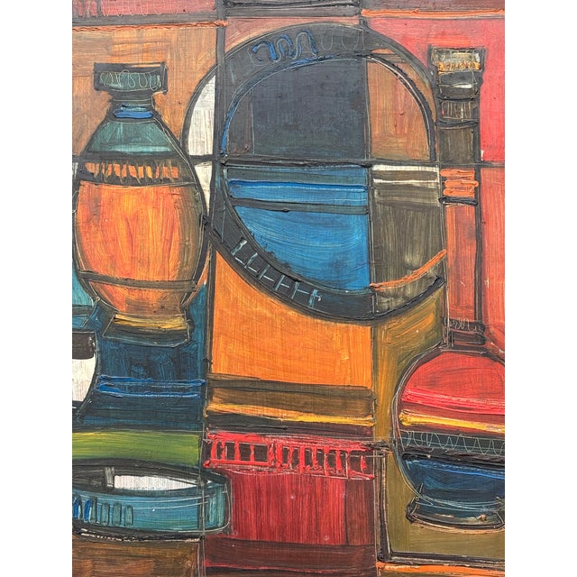 Handsome and very well executed Mid 20th C. Cubist Still Life - original oil on board. Bottles - perhaps a bar scene -...