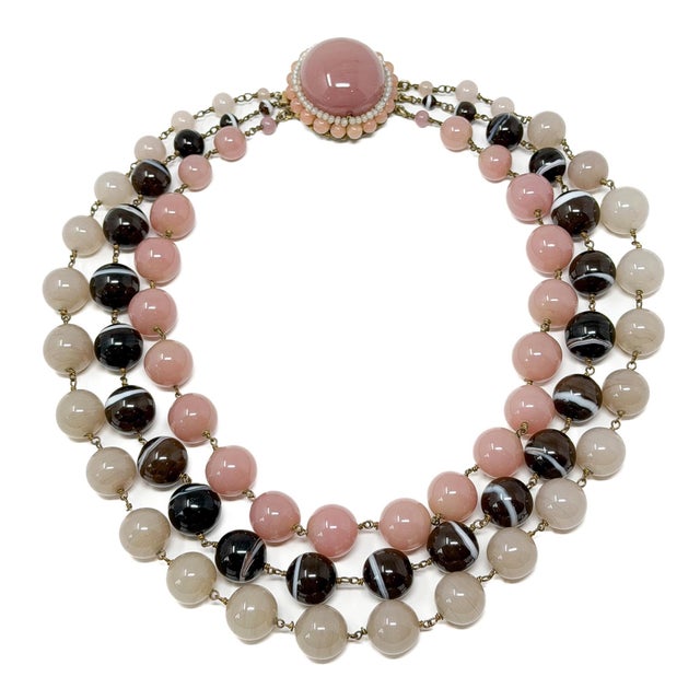1950s Vintage French Pink and Brown Glass Bead Statement Necklace, 1950s For Sale - Image 5 of 12