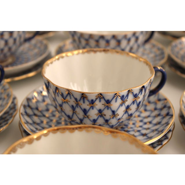 Traditional 1980s Lomonosov Imperial Cobalt Net Porcelain Tea Set 30 Pcs, 10 Trios For Sale - Image 3 of 14