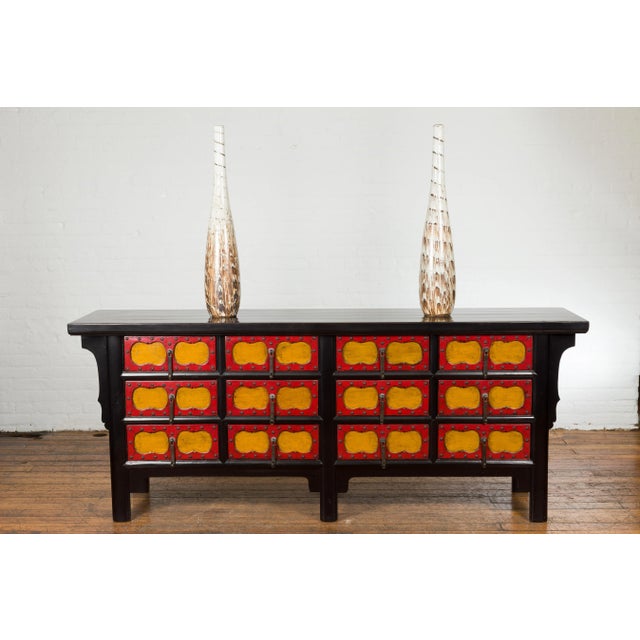 Asian Chinese Qing Dynasty 19th Century Long Polychrome Sideboard with 12 Drawers For Sale - Image 3 of 13