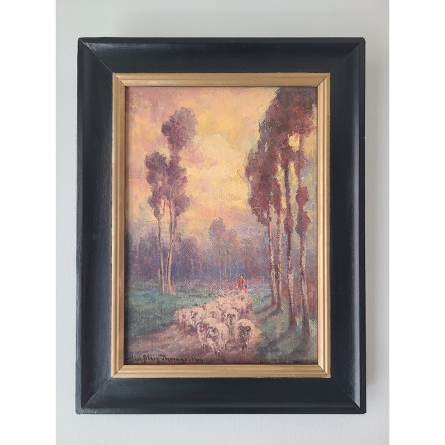 Small antique tonalist oil painting by Los Angeles artist Alice Blair Thomas (1857-1945) depicting a shepherdess with her...