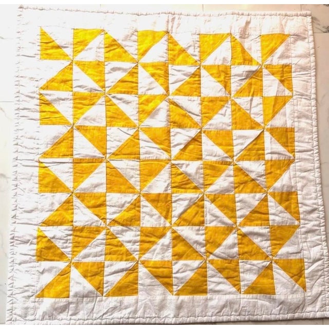 1950s 1950s American Patchwork Bowtie Quilt — Sunshine Yellow & White Cotton 35” Square For Sale - Image 5 of 18