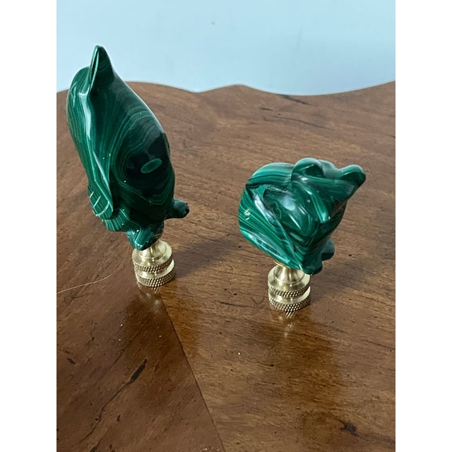 Two vintage carved malachite figurines of a penguin and cat lamp finials. 2”.