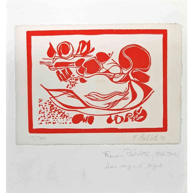 Composition is an original woodcut print realized by François Portelette in 1972. Hand-signed. Numbered. Edition, 155/300....