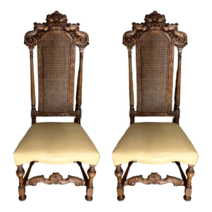 Antique 19th Century Ornately Carved Oak and Caning Renaissance Revival Chairs With New Leather Seat Upholstery - a Pair