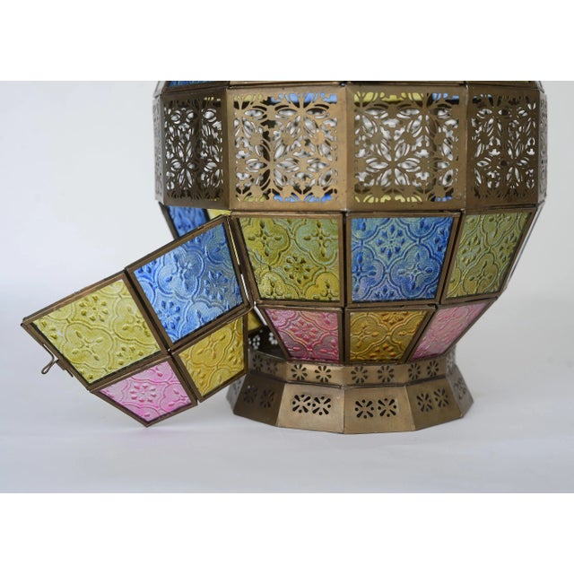 Brown Vintage Victorian Style Stained Glass & Brass Hanging Lantern For Sale - Image 8 of 12
