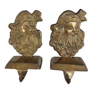 Vintage Solid Brass Santa Claus Stocking Holders (Pair) For Sale