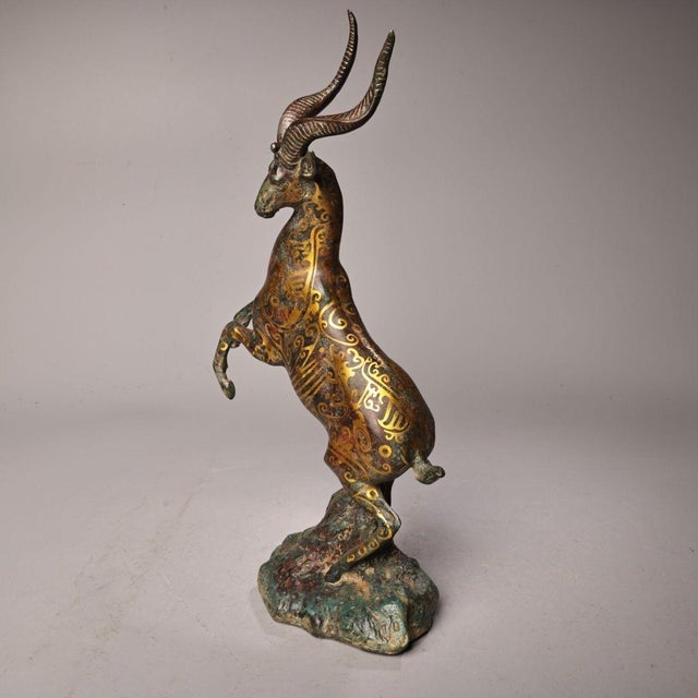 Chinese Gilt Bronze Ibex / Ram Sculpture - 13" Tall For Sale - Image 4 of 10