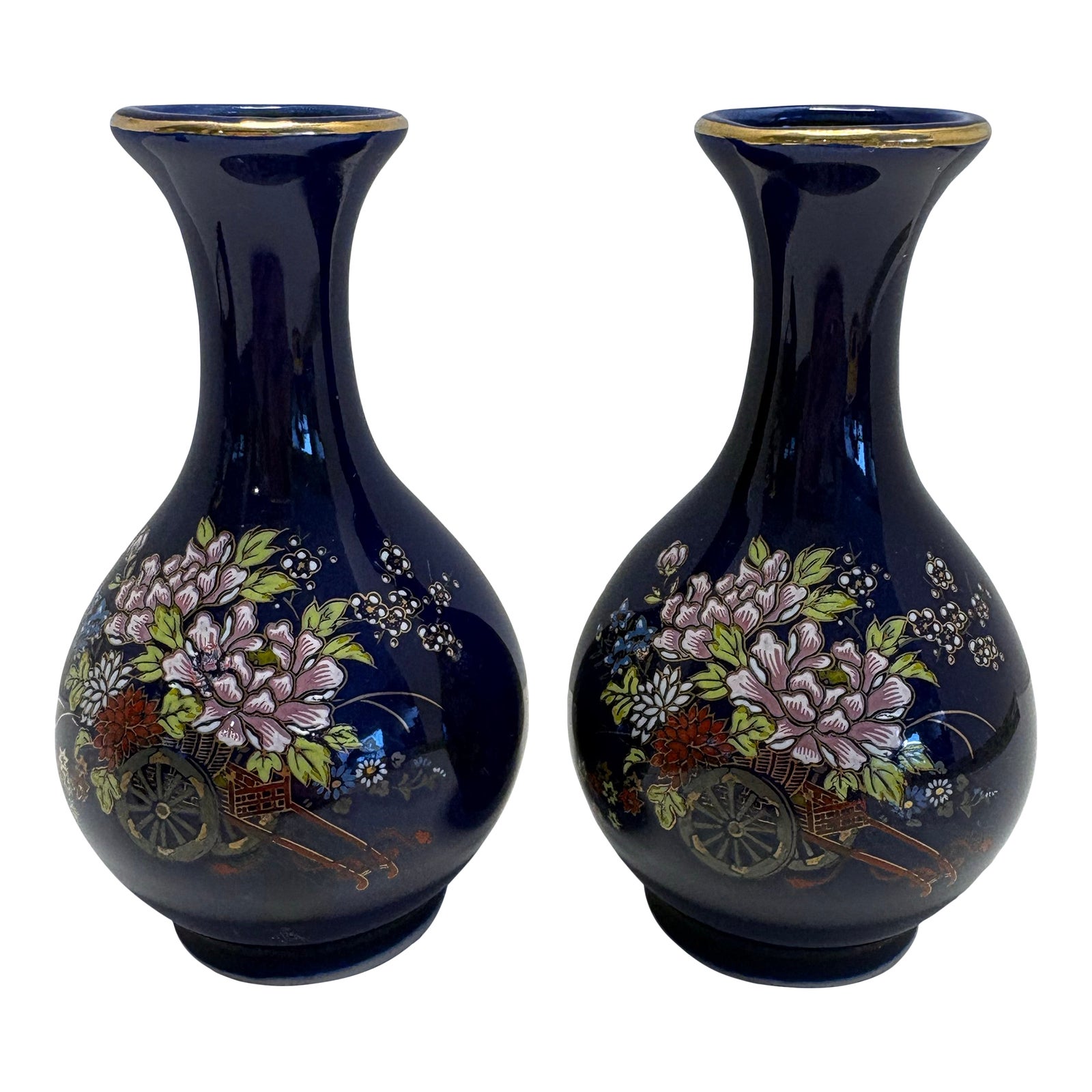 Pair Vintage Kutani Bud Vases Cobalt Blue Gold Rim Japanese 