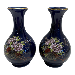 Pair Vintage Kutani Bud Vases Cobalt Blue Gold Rim Japanese Porcelain Mini Vases Floral Rickshaw Cart Made in Japan