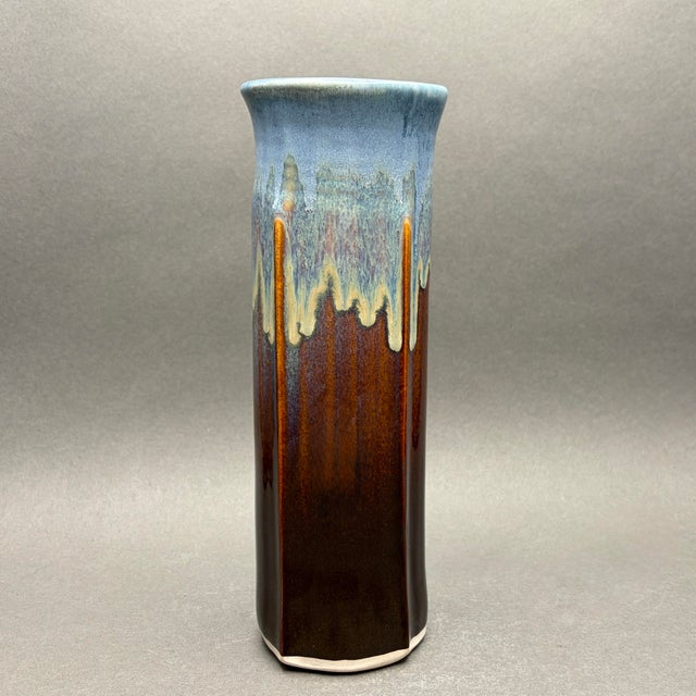 Contemporary Vintage Bill Campbell Studio Art Pottery Drip Glaze Vase in Blue and Brown For Sale - Image 3 of 7