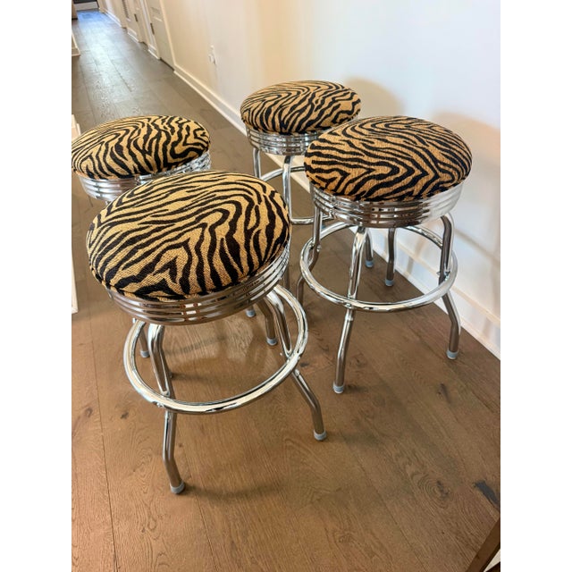 Vintage Chrome Swivel Counter Stools in Tiger-Print Chenille, Set of 4 For Sale In Detroit - Image 6 of 10