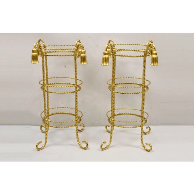 Vintage Italian Hollywood Regency 3 Tier Gold Iron Rope Tassel Muffin Stand Accent Side Tables - a Pair. Item features 3...