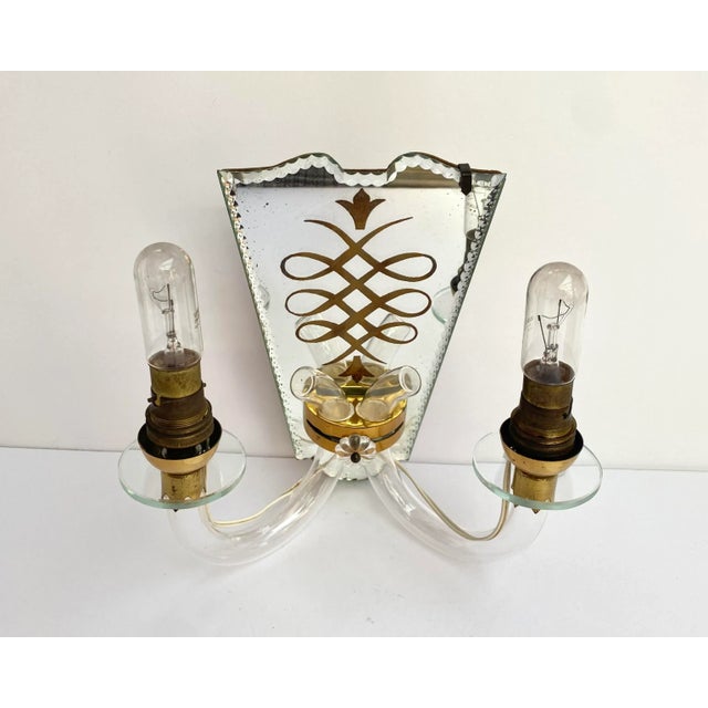 Gold Art Deco Mirrored Brass Wall Sconces with Textile Shades, Italy, 1920s, Set of 2 For Sale - Image 8 of 10
