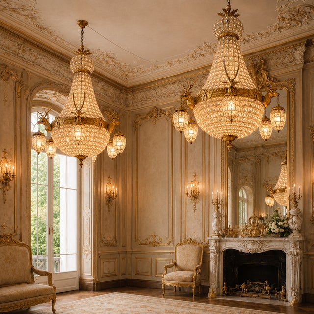 French 1960 French Louis XVI Gold Bronze Chandeliers - Pair For Sale - Image 3 of 18