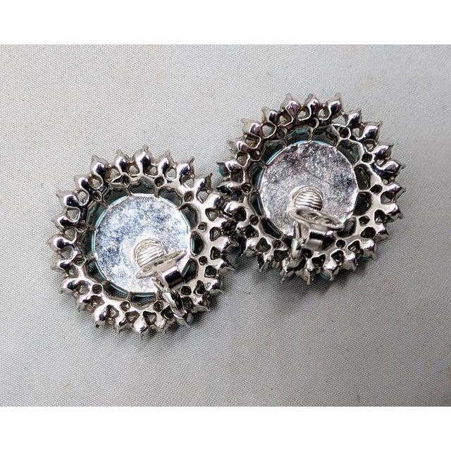 Turquoise Vintage 1950s Signed Crown Trifari Big Cabochon Faux-Turquoise & Faux-Garnet Clip Earrings-2 Pieces For Sale - Image 8 of 8