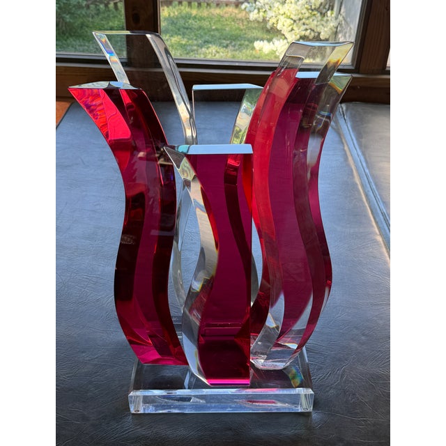 Vintage David Muniz 23" Ruby Red & Clear Lucite Art Sculpture 1996, Signed. Rare For Sale - Image 11 of 14
