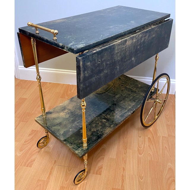 Mid-Century Modern Aldo Tura Green Lacquered Goatskin Bar Cart, Brass Two-Tier Folding Drinks Trolley, Italy 1960s For Sale - Image 3 of 17