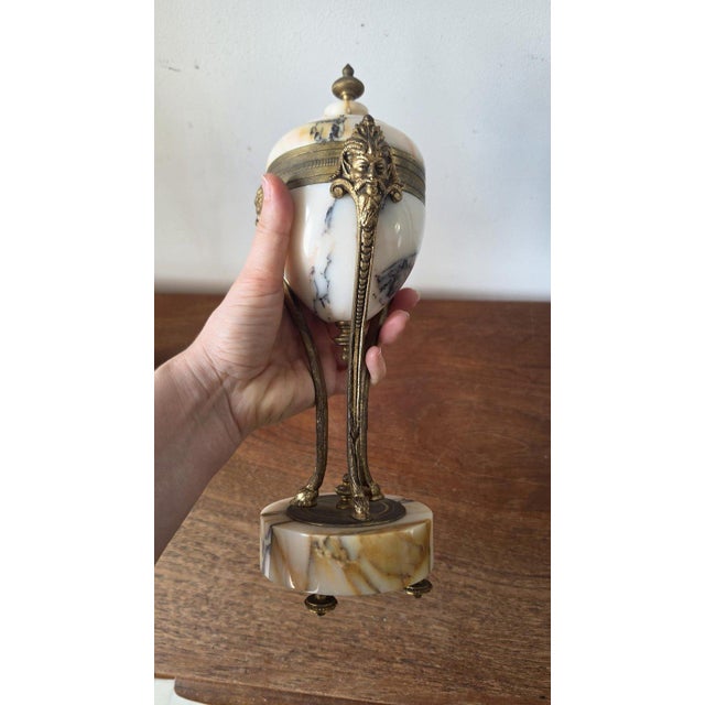 Pair Antique French Marble & Bronze Urns Neoclassical Cassolettes Empire Garniture Mantel Decor Lidded Decorative Urns For Sale - Image 13 of 14