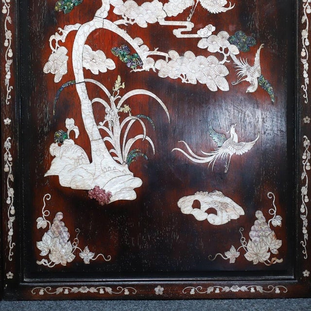 Black Vintage Chinese Zitan Wood Wall Panel Set | Mother-of-Pearl Inlaid Pine & Crane Motif For Sale - Image 8 of 10