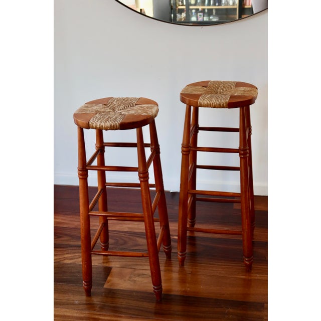 Antique Wooden Bar Stool with Straw Seat, 1980s For Sale - Image 4 of 12
