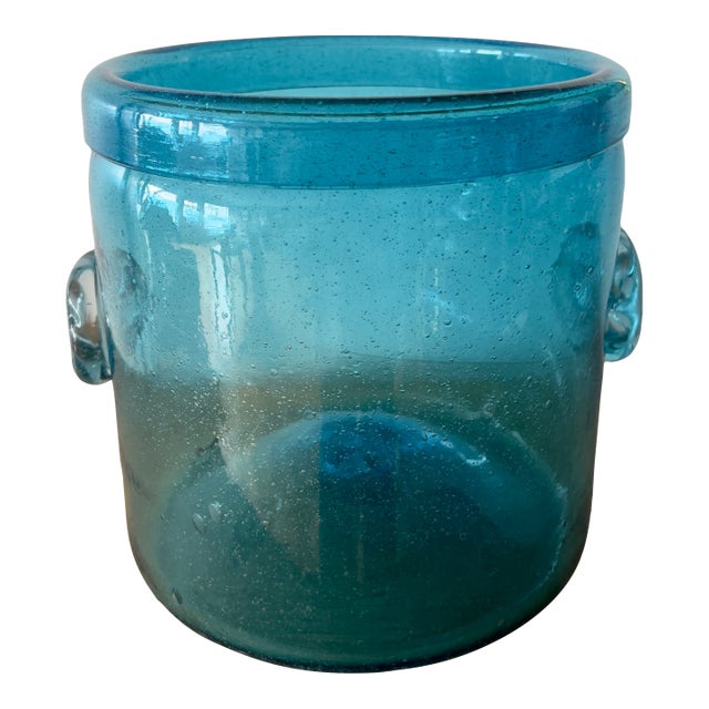 Vintage Hand-Blown Glass Turquoise Ice Bucket For Sale