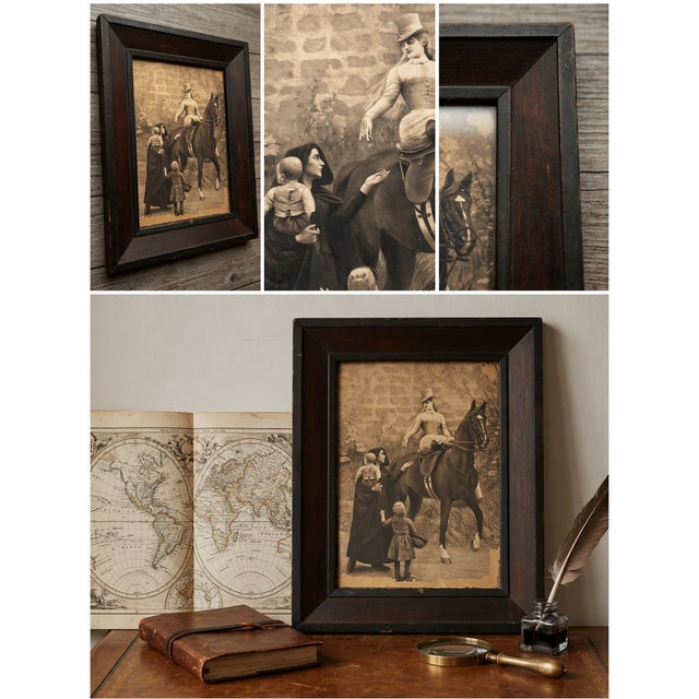 Victorian Antique Georges Van Den Bos Equestrian Print “Charity” in Ebonized Wood Frame For Sale - Image 3 of 5
