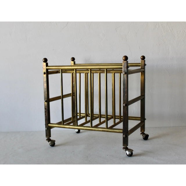 Hollywood Regency Brass Canterbury Book Magazine Rack Crate With Ball Castor Sphere Finials Detail Vintage For Sale In Miami - Image 6 of 10