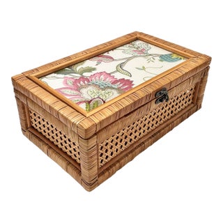 Intage Rattan Cane Glass Top Storage Box With Designer Fabric Insert For Sale