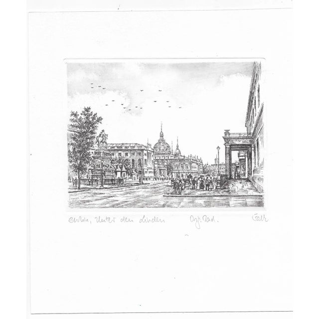 1980s etching of Unter den Linden in Berlin, Germany, Pencil signed "Falk" and titled.