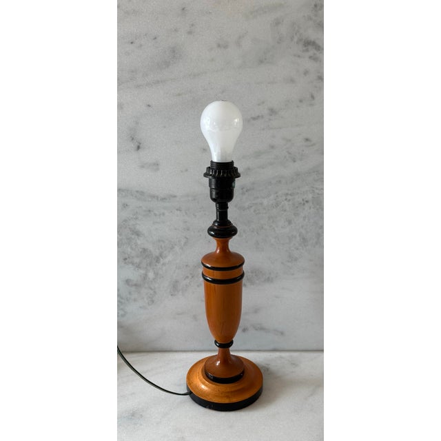 Brown Turned Wood Table Lamp With Black Banding Detail For Sale - Image 8 of 9