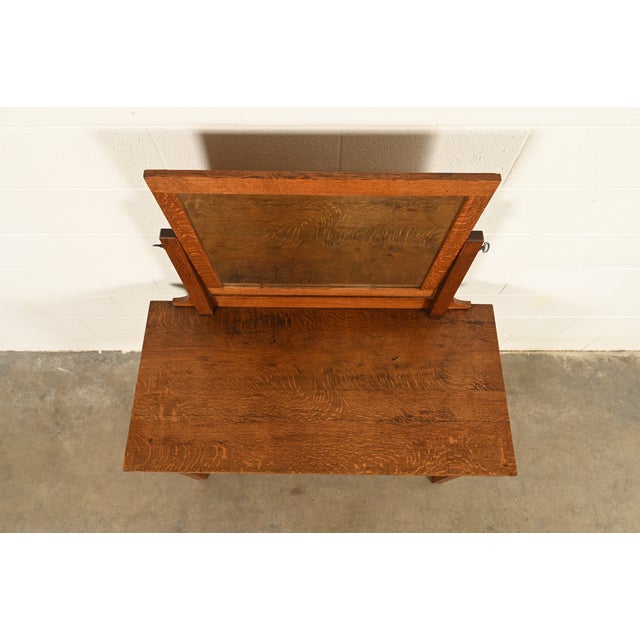Early 20th Century Limbert Style Antique Mission Oak Arts & Crafts Vanity or Dressing Table With Mirror, Circa 1910 For Sale - Image 5 of 14