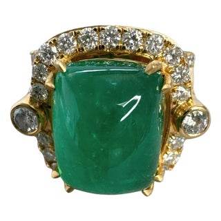 8.00 CTW Vintage Style Emerald & Diamond Halo Ring 18k Yellow Gold, Size 6 For Sale