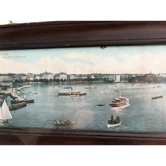 Early 20th Century Vintage Panoramic Hamburg Harbor Print – Framed German Cityscape, 30.75” For Sale - Image 5 of 13