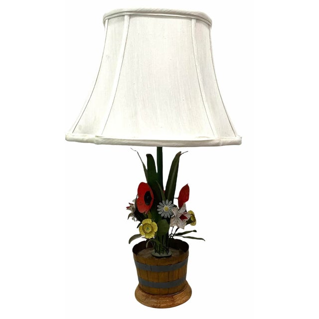 Traditional Vintage Tole Flowers Potted in a Whiskey Barrel Lamp For Sale - Image 3 of 10