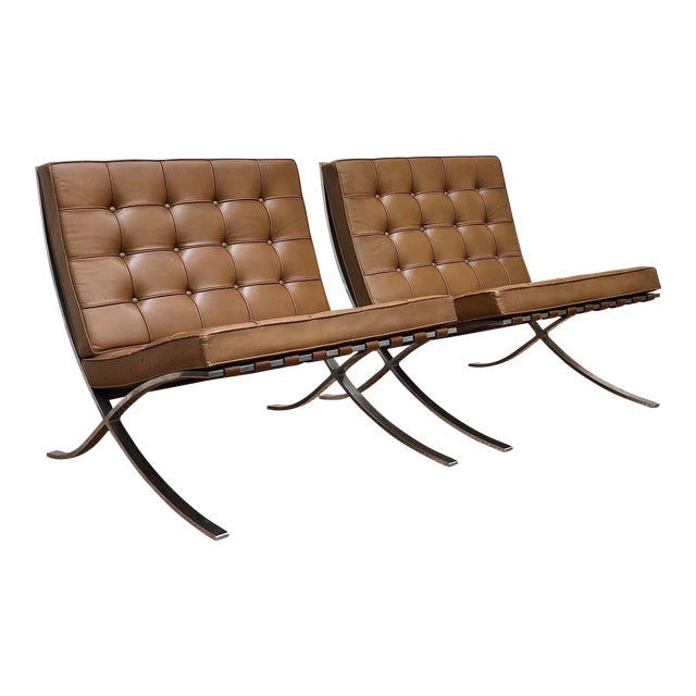 Pair of Camel Leather Early Original Knoll Barcelona Chairs | Chairish