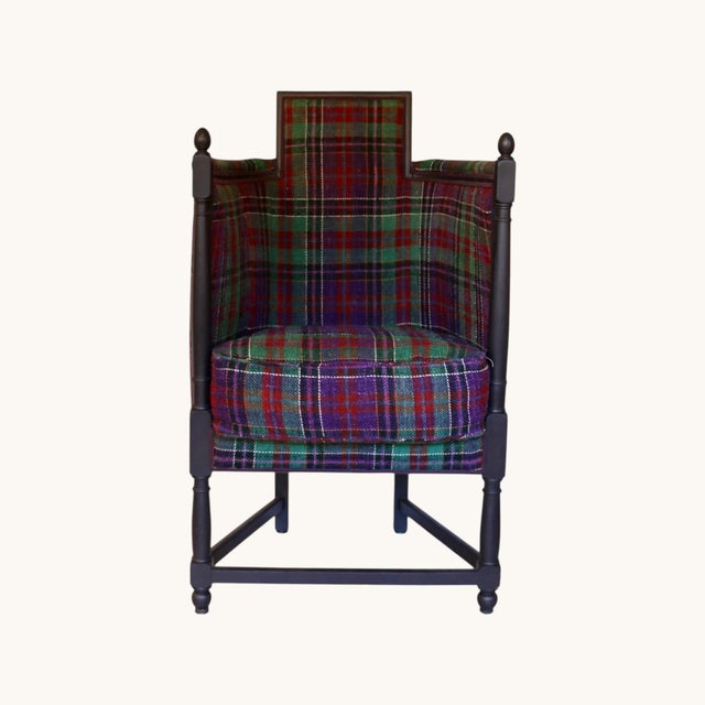 Large Antique Armchair with High Armrests in Tartan Fabric, 1890s For Sale - Image 12 of 13