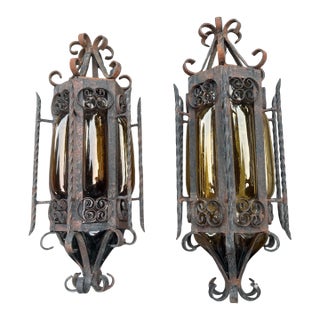 Pair of Antique Gothic Wrought Iron Amber Bubble Glass Wall Lamp Light Sconces For Sale