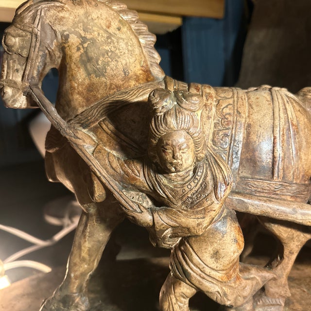 Vintage Mid-Century Chinese Hand-Carved Limestone Chariot Procession Sculpture - 2 Pieces For Sale - Image 4 of 12