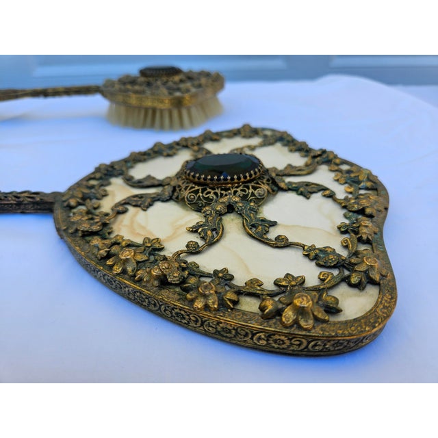 Venetian Brass Filigree Jeweled Mirror and Brush Set For Sale - Image 9 of 17