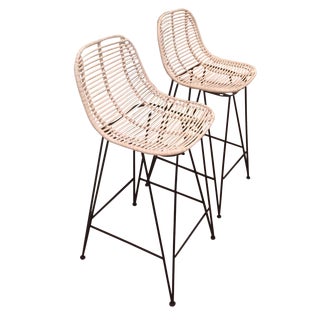 Rattan & Iron Barstools - A Pair For Sale