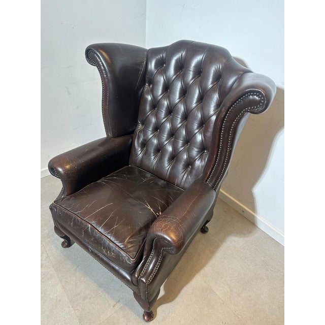 Vintage Brown Leather Wingback Armchair For Sale - Image 3 of 6