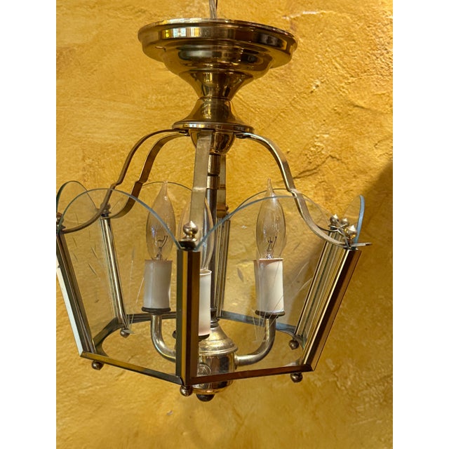 Metal Vintage Brass and Glass 3 Light Fixture For Sale - Image 7 of 7