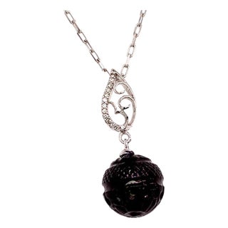 Carved Tahitian Pearl Necklace 18k White Gold 0.03 TCW Certified For Sale
