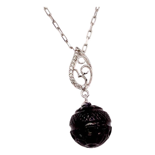 Carved Tahitian Pearl Necklace 18k White Gold 0.03 TCW Certified For Sale