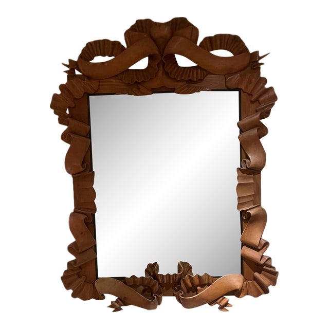 Carved Ribbon Wood Mirror — Sculptural Ribbon‑Form Frame • Vintage European Style For Sale